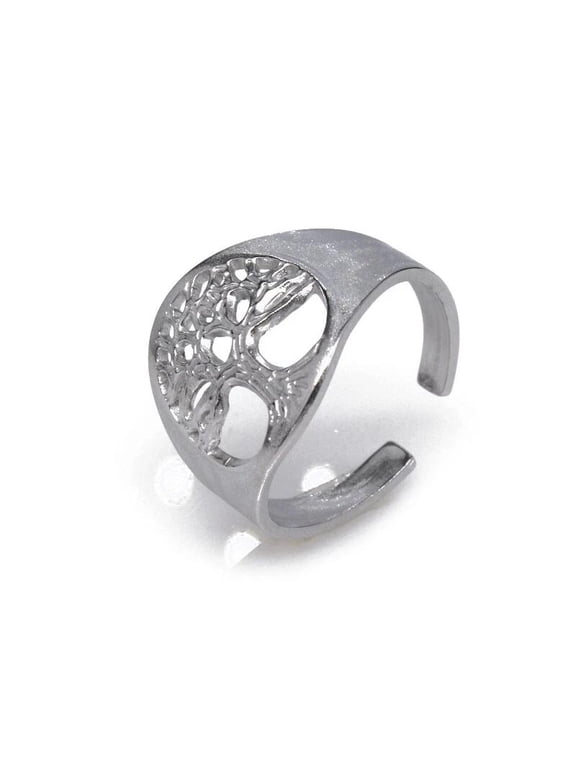 Silver Stainless Steel Non-Tarnish Adjustable Ring Tree Of Life Open Statement R37