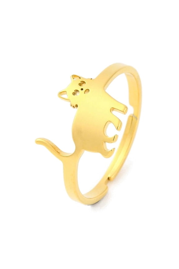 Stainless Steel Non-Tarnish Adjustable Size Ring Cat Kitten Shape Animal Pet R1