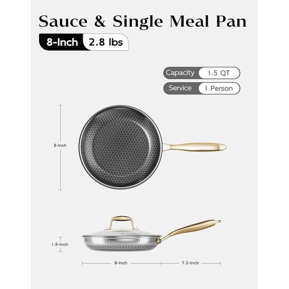 Stainless Steel Nonstick Frying Pan with Lid 8 Inch, Induction Cooktop Compatible Skillet, PFOA-Free Scratch-Proof, Dishwasher & Oven Safe, Stay-Cool Handle, Gold Kitchen Cookware