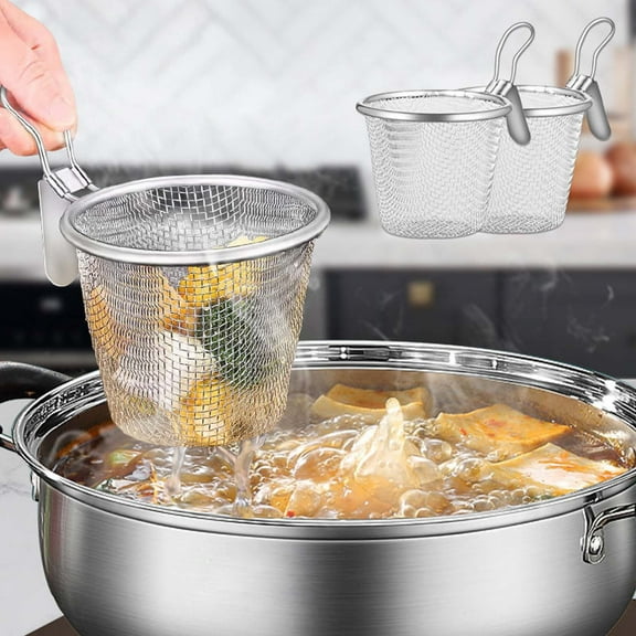 Stainless Steel Noodle Strainer Spoons,Hot Pot Strainer Basket for Cooking and Frying, Kitchen Colander for Pasta, Noodles, and Boiling Food, Space-Saving Design with Hanging Handle