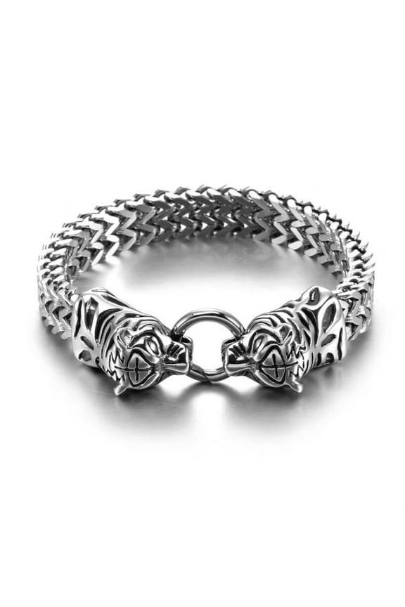 Stainless Steel Nordic Double Wolf Head Bracelet Men\\\'s Retro Punk Mesh Chain Animal Bracelet Hip Hop Rock Trend Jewelry