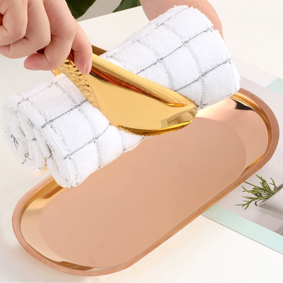 Stainless Steel Nordic Oval Towel Tray Copper Metallic Decorative Serving Dish and Countertop Storage Organizer Plate for Kitchen Bathroom Vanity Cosmetics Jewelry 9.1x4.1 Inches