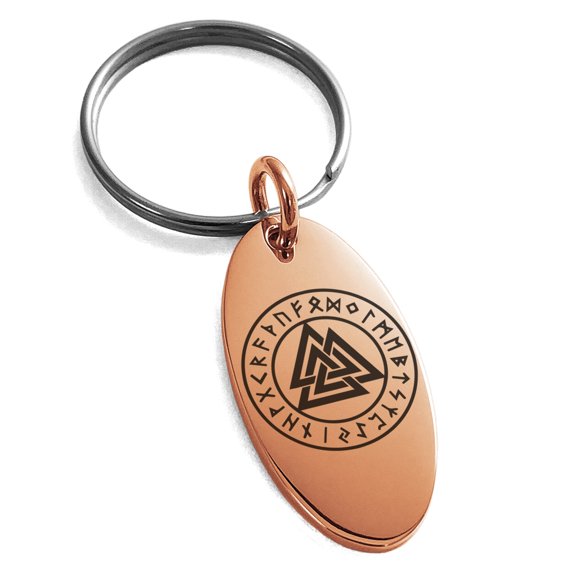 Stainless Steel Norse Valknut Knot Viking Engraved Small Oval Charm Keychain Keyring