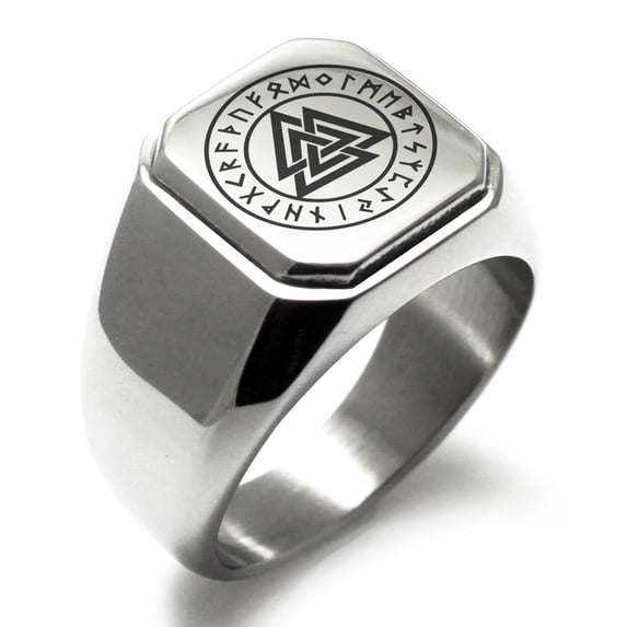 Tioneer Stainless Steel Norse Valknut Knot Viking Engraved Square Flat Top Biker Style Polished Signet Ring