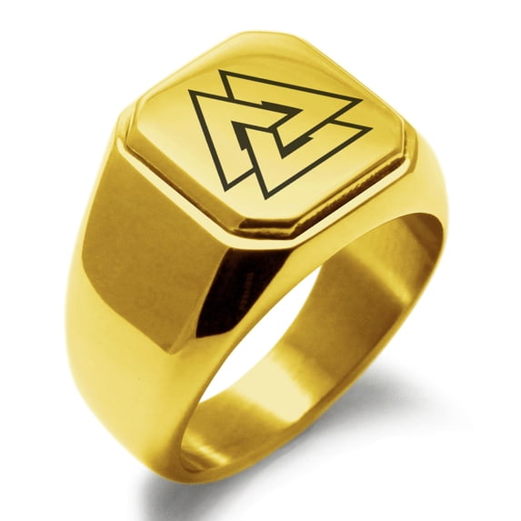 Stainless Steel Norse Valknut Viking Engraved Square Flat Top Biker Style Polished Signet Ring