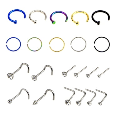 Produktbild von 39-teiliges Nasenpiercing Set - 22G, Edelstahl, Mit L-Form Und Steinen