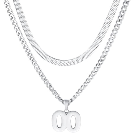 Stainless Steel Number 00 Necklace,Layered Necklace for Men,18+20 In Silver Chain Necklace for Men,Ice Hockey Basketball Football Baseball Team Number Necklaces Sport Athlete Jewelry Gift