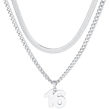 Stainless Steel Number 16 Necklace,Layered Necklace for Men,18+20 In Silver Chain Necklace for Men,Ice Hockey Basketball Football Baseball Team Number Necklaces Sport Athlete Jewelry Gift