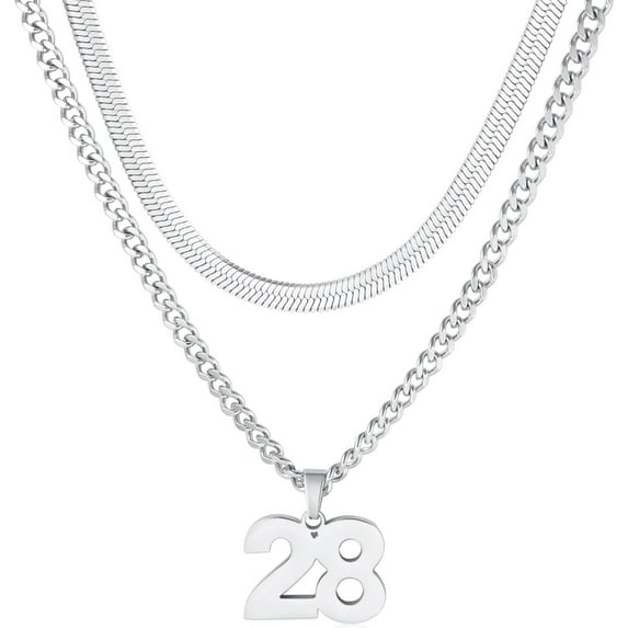 Stainless Steel Number 28 Necklace,Layered Necklace for Men,18+20 In Silver Chain Necklace for Men,Ice Hockey Basketball Football Baseball Team Number Necklaces Sport Athlete Jewelry Gift
