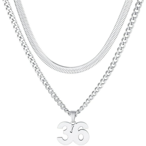 Stainless Steel Number 36 Necklace,Layered Necklace for Men,18+20 In Silver Chain Necklace for Men,Ice Hockey Basketball Football Baseball Team Number Necklaces Sport Athlete Jewelry Gift