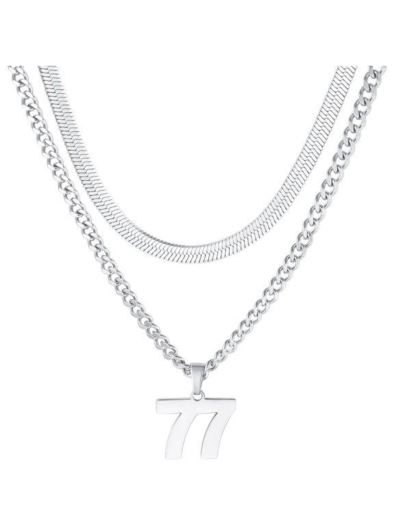 Stainless Steel Number 77 Necklace,Layered Necklace for Men,18+20 In Silver Chain Necklace for Men,Ice Hockey Basketball Football Baseball Team Number Necklaces Sport Athlete Jewelry Gift