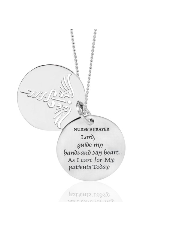 Stainless Steel Nurse's Prayer Caduceus Medallion Pendant Necklace - Inspirational Gift for Nurses, Doctors, Medical Professionals