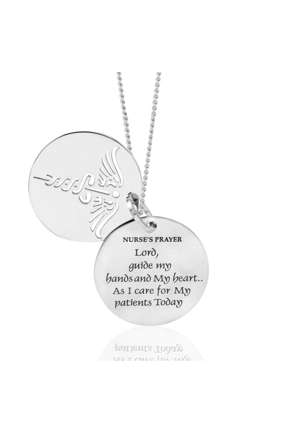 Stainless Steel Nurse's Prayer Caduceus Medallion Pendant Necklace - Inspirational Gift for Nurses, Doctors, Medical Professionals