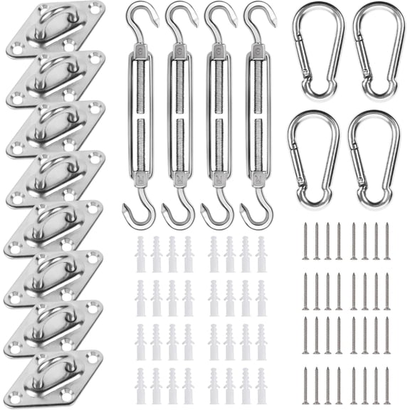 Stainless Steel Oblong Pad Eye Plate and Carabiner Clips, Marine Hardware Staple Hook Loop With Screws and Plastic Plugs D
