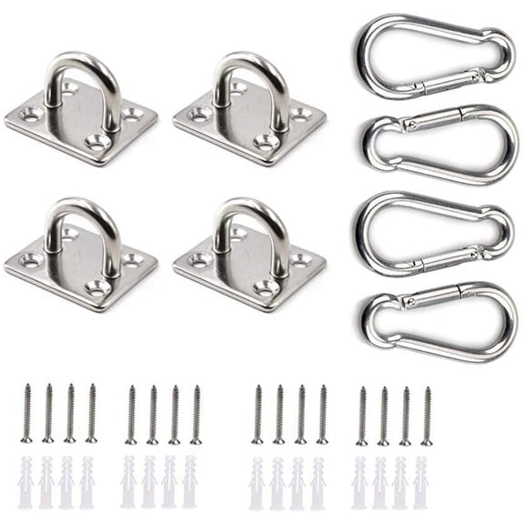 Stainless Steel Oblong Pad Eye Plate and Carabiner Clips, Marine Hardware Staple Hook Loop With Screws and Plastic Plugs