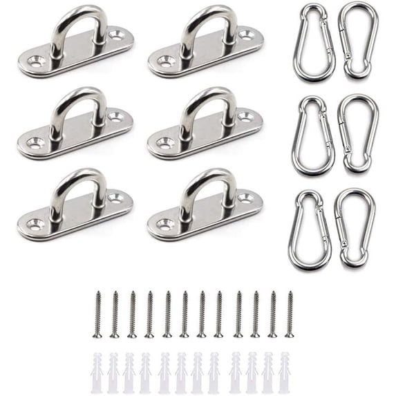 Stainless Steel Oblong Pad Eye Plate and Carabiner Clips, Marine Hardware Staple Hook Loop With Screws and Plastic Plugs