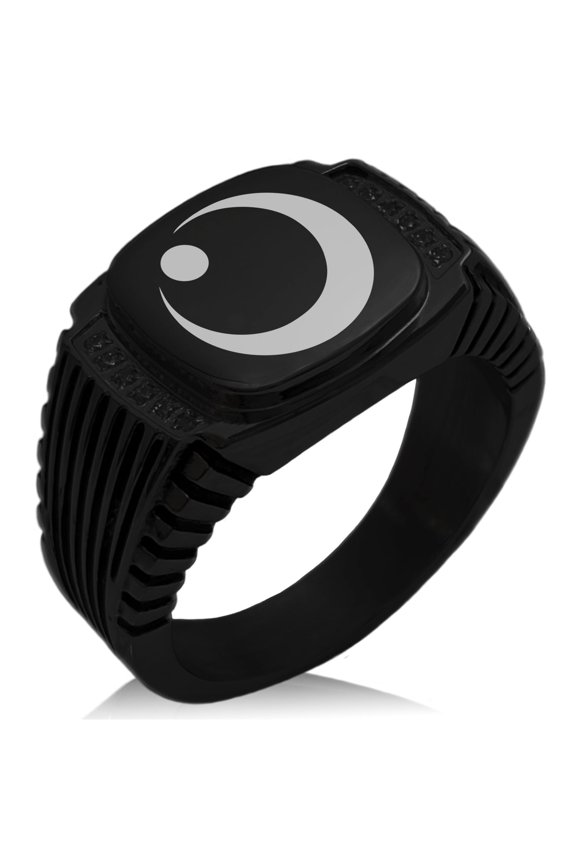Stainless Steel Obu Samurai Crest CZ Ribbed Needle Stripe Pattern Biker Style Polished Ring