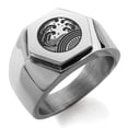 thumbnail image 1 of Stainless Steel Ocean Kamon Crest Engraved Hexagon Crest Flat Top Biker Style Polished Ring, 1 of 1