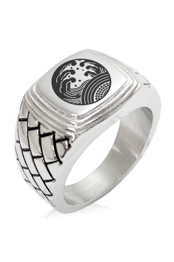 Stainless Steel Ocean Kamon Crest Geometric Pattern Step-Down Biker Style Polished Ring
