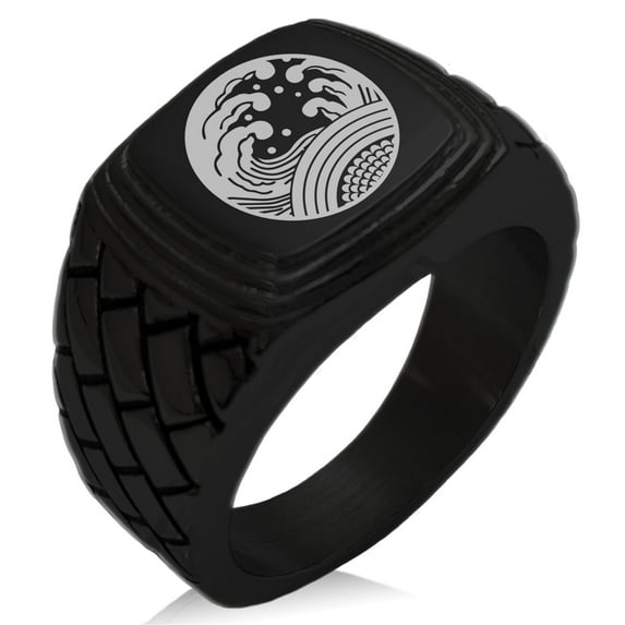 Tioneer Stainless Steel Ocean Kamon Crest Geometric Pattern Step-Down Biker Style Polished Ring