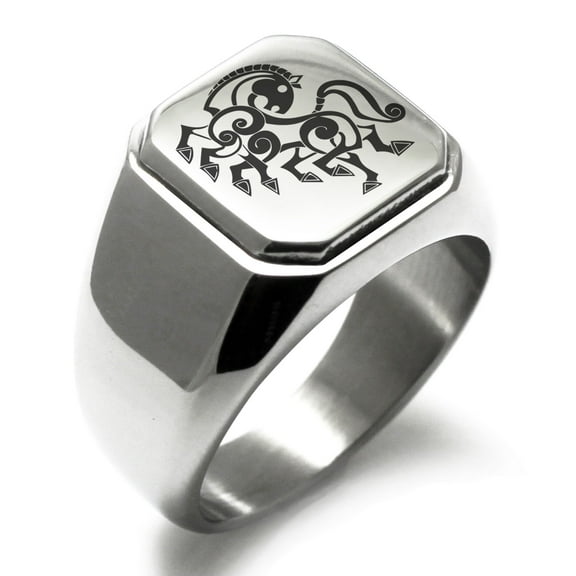 Stainless Steel Odin's Sleipnir Horse Viking Norse Engraved Square Flat Top Biker Style Polished Signet Ring