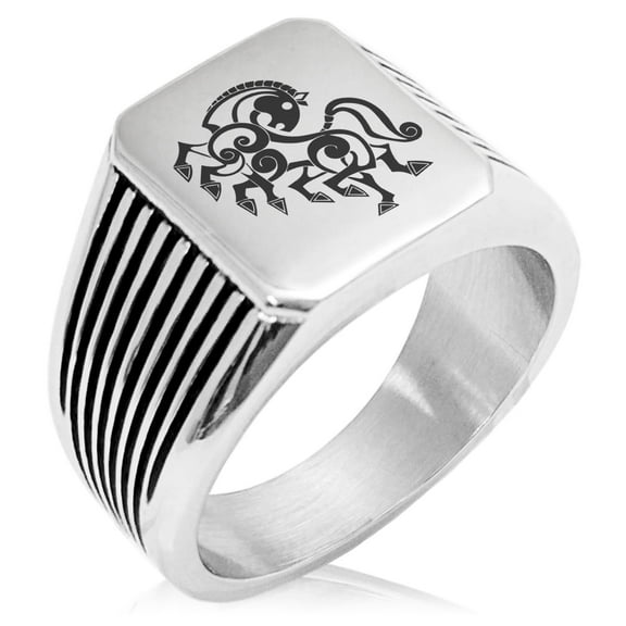 Tioneer Stainless Steel Odin's Sleipnir Horse Viking Norse Needle Stripe Pattern Biker Style Polished Ring