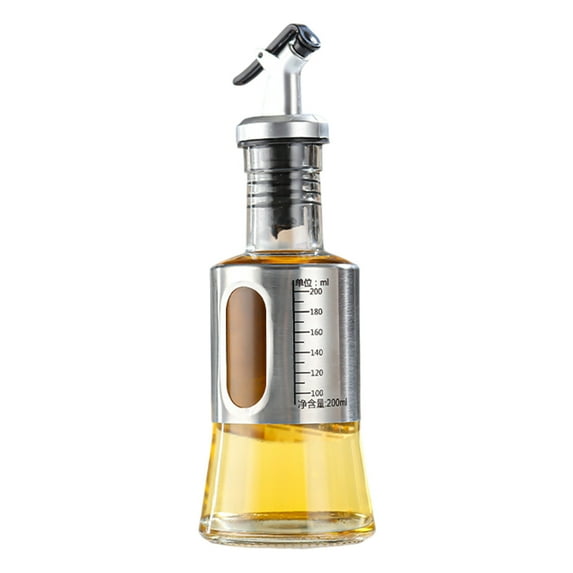 Stainless Steel Oil Bottle with Measurement Scale - Automatic Opening Nozzle, Easy One-Handed Use, Durable Glass and Stainless Steel Construction
