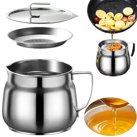 Stainless Steel Oil Filter Container, Heat‑Resistant Can with Built‑in Mesh Strainer Lid, for Used Frying Oil Filtering & Storage, Countertop Placement and Kitchen Stove‑Side Cooking Work