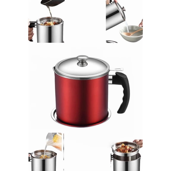 Stainless Steel Oil Filter Pot, Bacon Grease Container with 304 Fine Mesh Strainer for Kitchen, Home & Restaurant Cooking,red