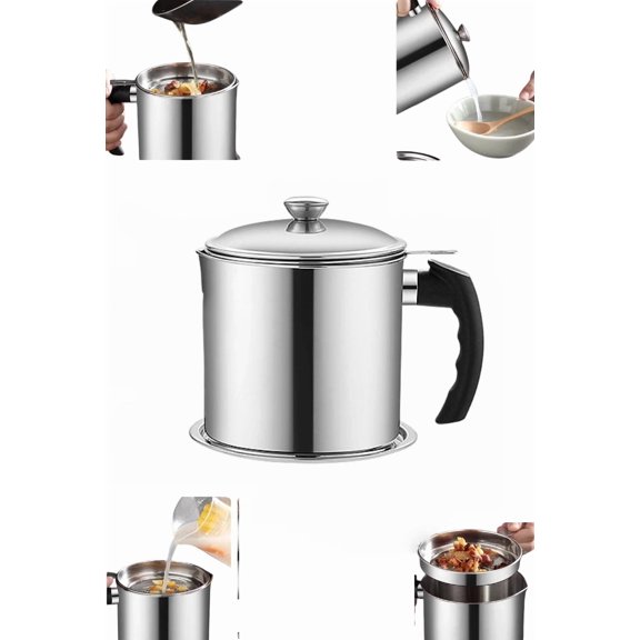 Stainless Steel Oil Filter Pot, Bacon Grease Container with 304 Fine Mesh Strainer for Kitchen, Home & Restaurant Cooking,sliver
