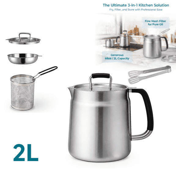 Stainless Steel Oil Filter Pot with Frying Basket & Strainer, 3-in-1 Deep Fryer Grease Container, Large Capacities, Non-Drip Lid, Dishwasher Safe, Compatible with All Stovetops(2L)