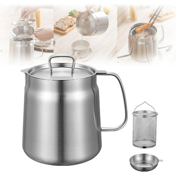 Stainless Steel Oil Filter Pot with Strainer and Lid,Multi-Functional Oil Filter Tank with Frying basket,Bacon Grease Container with Frying Basket (2L)