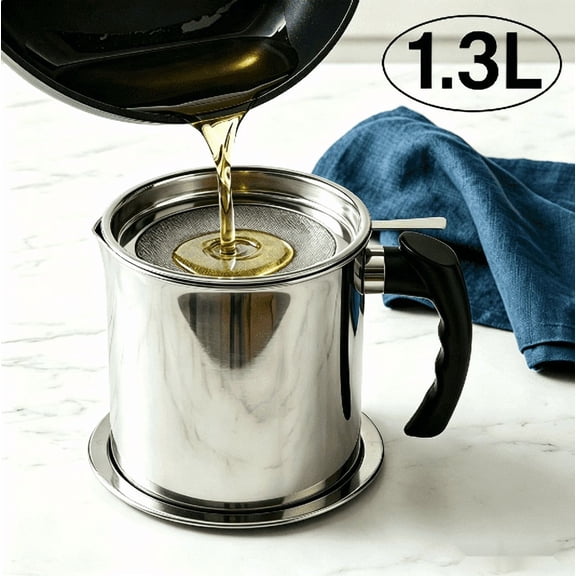 Stainless Steel Oil Pot with Mesh Strainer Large-Capacity Bacon Grease Container & Kitchen Oil Storage Tank, Fine Filter for Frying Oil, Soup, and Fat, with Non-Slip Handle