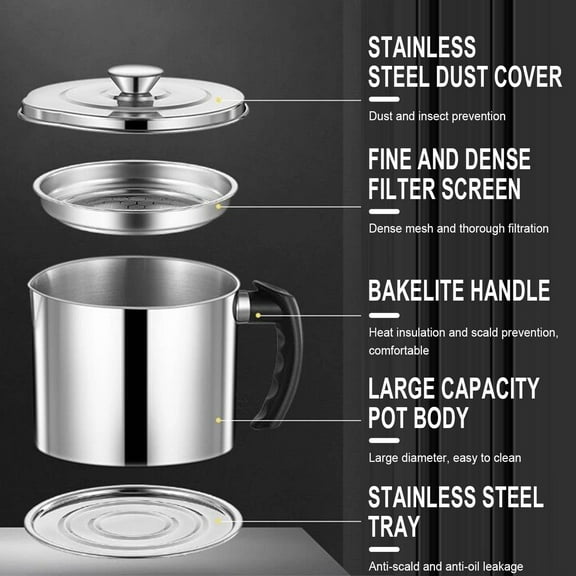 Stainless Steel Oil Pot with Filter | 1.8L Large Capacity Oil Storage Tank | Drip-Free Spout for Frying & Recycling