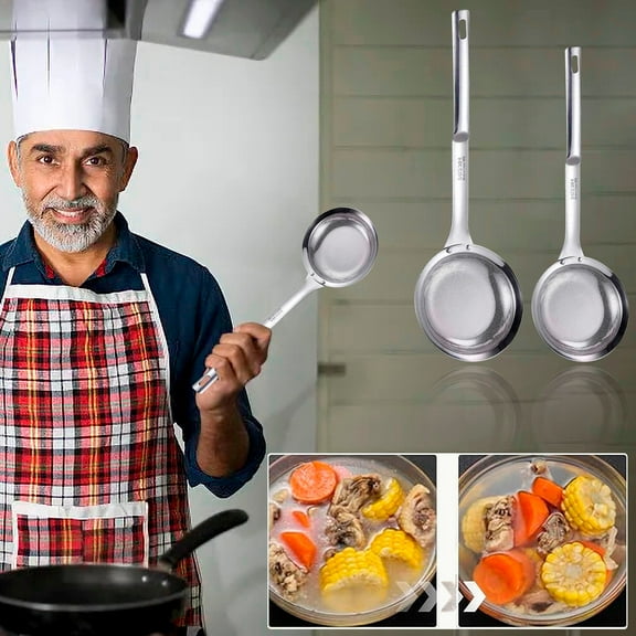 Stainless Steel Oil Skimming Spoon | 304 Food-Grade Strainer | Fine Mesh Grease Separator | Long Non-Slip Handle | Hanging Loop | Dishwasher Safe | 32.8 × 11.2 × 11.2 cm