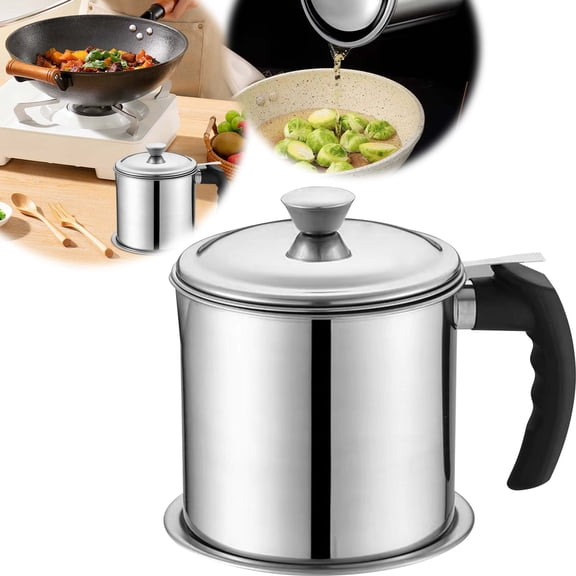 Stainless Steel Oil Storage Pot 1.4L with Filter – Kitchen Oil Strainer Container with Lid, Grease Separator for Frying Oil Recycling, Durable Cooking Oil Keeper for Home Use, Silver