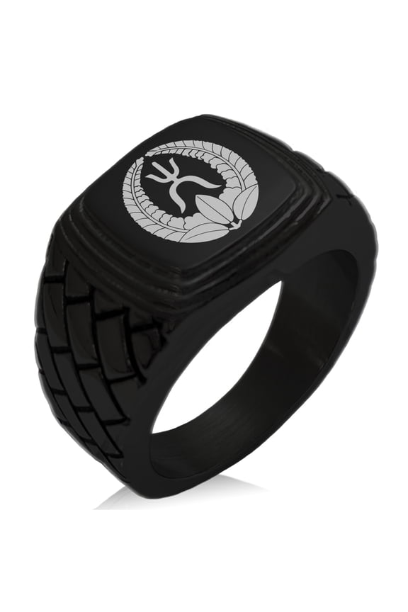 Stainless Steel Okubo Samurai Crest Geometric Pattern Step-Down Biker Style Polished Ring