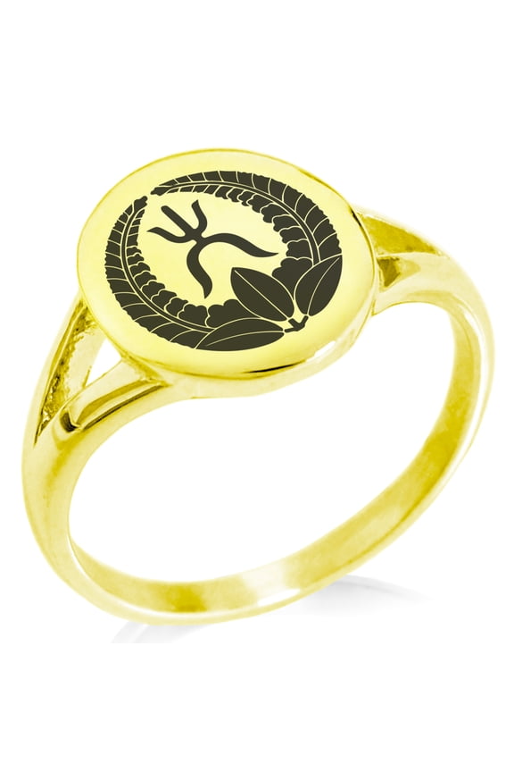 Stainless Steel Okubo Samurai Crest Minimalist Oval Top Polished Statement Signet Ring