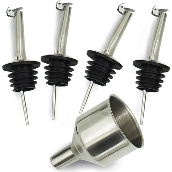 Stainless Steel Olive Oil Pour Spout Set with Funnel, 4-Pack Automatic Flip Top Bottle Dispensers for Liquor, Vinegar, Syrup