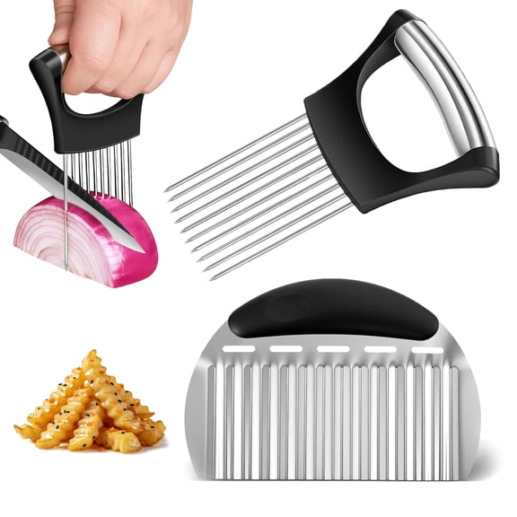 Stainless Steel Onion Holder for Slicing & Crinkle Cutter - Onion Slicer Holder, French Fry Cutter, Vegetable Cutter for Potatoes, Lemon, Tomatoes - Multi-Use Kitchen Gadgets with Ergonomic Handle