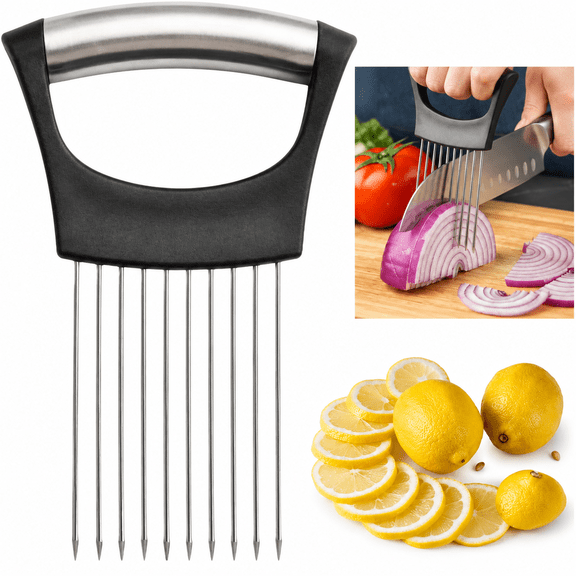 Stainless Steel Onion Holder Slicing Guide with 10 Sharp Prongs Black Handle Food Slice Assistant for Cutting Onion Lemon Avocado Meat(1 Pack)
