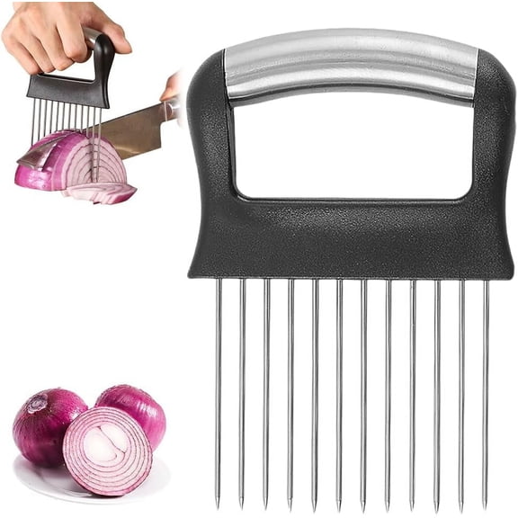 Stainless Steel Onion Holder for Slicing Vegetables, Meat Tenderizer Tool, Black