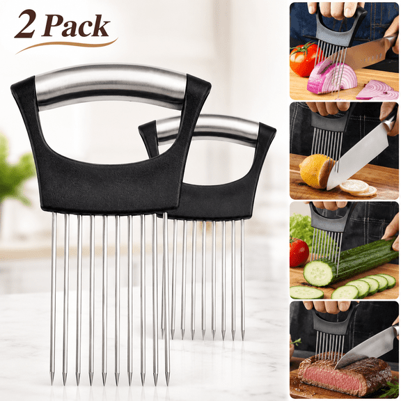 2 PC Stainless Steel Onion Slice Holder, Lemon Slicer Vegetable Cutter, Chopper Slicing Assistant Tool for Meat, Onion, Potato, Tomato,  Avocados, Eggs, Fruit, Food Slicer Home Kitchen Tools