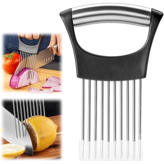 Stainless Steel Onion Slicer Holder with Protective Cover, Multi-Purpose Kitchen Slicing Assist Tool for Potato, Tomato, Avocado, Lemon, Meat and Eggs