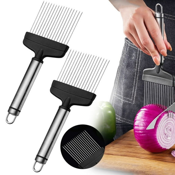 Stainless Steel Onion Slicer, Multifunctional Kitchen Onion Holder for Slicing, Large Onion Cutter Vegetable Chopper, Easy-Clean Kitchen Slicer Assistant with Neat Guide & Tenderizer, 2Pcs