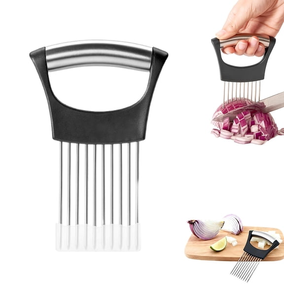 Stainless Steel Onion Slicing Holder, Multifunctional Vegetable Fruit Meat Slicing Fixing Fork, Anti-Slip Handheld Slicing Aid for Onion, Tomato, Lemon, Dishwasher Safe Kitchen Prep Tool