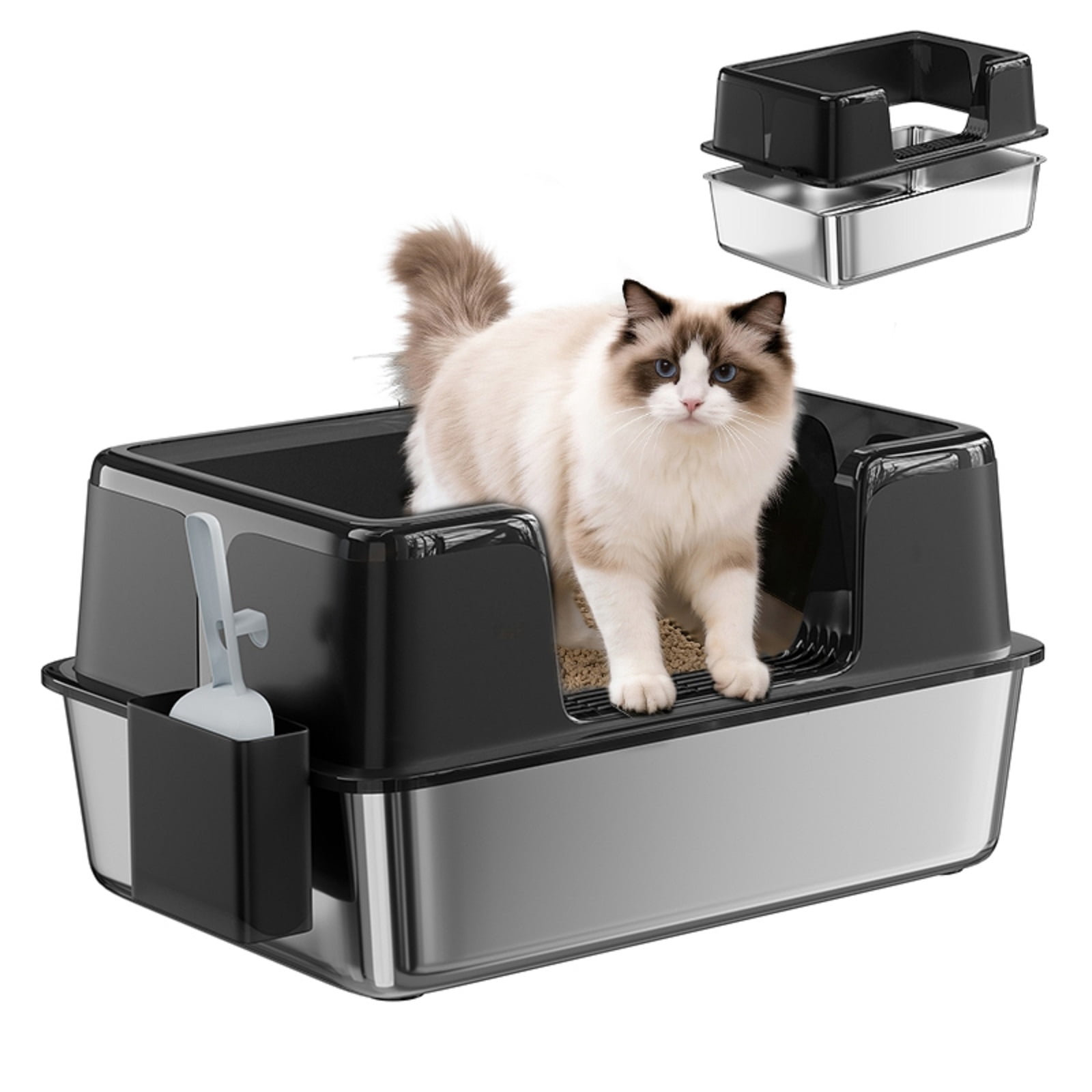 Stainless Steel Cat Litter Box with Lid, XL Extra Large Cat Litter Box for Big Cats, High Wall Sides, Never Absorbs Odors, Anti-Urine Leakage, Easy Cleaning, Scoop and Mat Included, Black