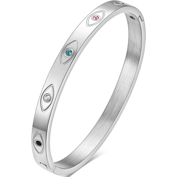 Stainless Steel Open Clasp Evil Eyes Birthstone Bangle Bracelet