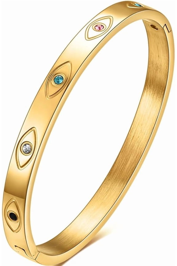 Stainless Steel Open Clasp Evil Eyes Birthstone Bangle Bracelet