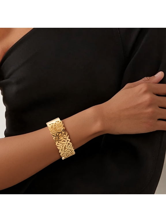 Stainless Steel Open Cuff Bracelet for Women,Elegant Woven Leaf Design with Hollow Weave, Minimalist Dainty Bangle for Daily Wear or Special Occasions